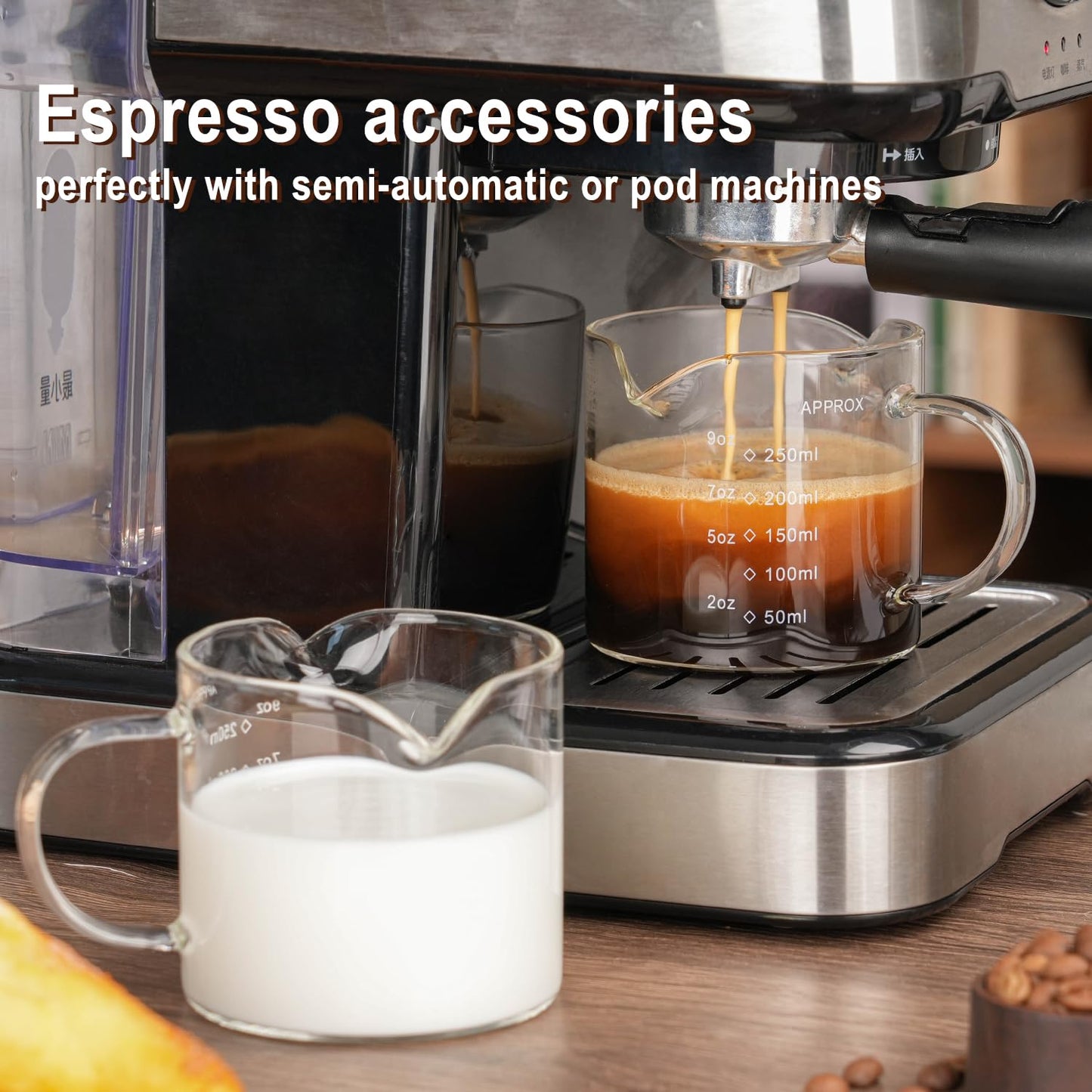 1 Pack 250ML/8.5OZ Measuring Cup Espresso Shot Glasses Double Spouts Large Coffee Cup with Handle Triple Pitcher Milk Cup Parts Clear Glass By BCnmviku