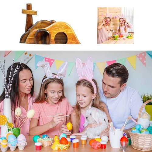 EGZ Empty Tomb Easter Scene and Cross Decoration, Wooden Easter Jesus Resurrection Scene Cross and Tomb Tray Set, Suitable for Religious Home and Office Desk Display, Christian Gift.