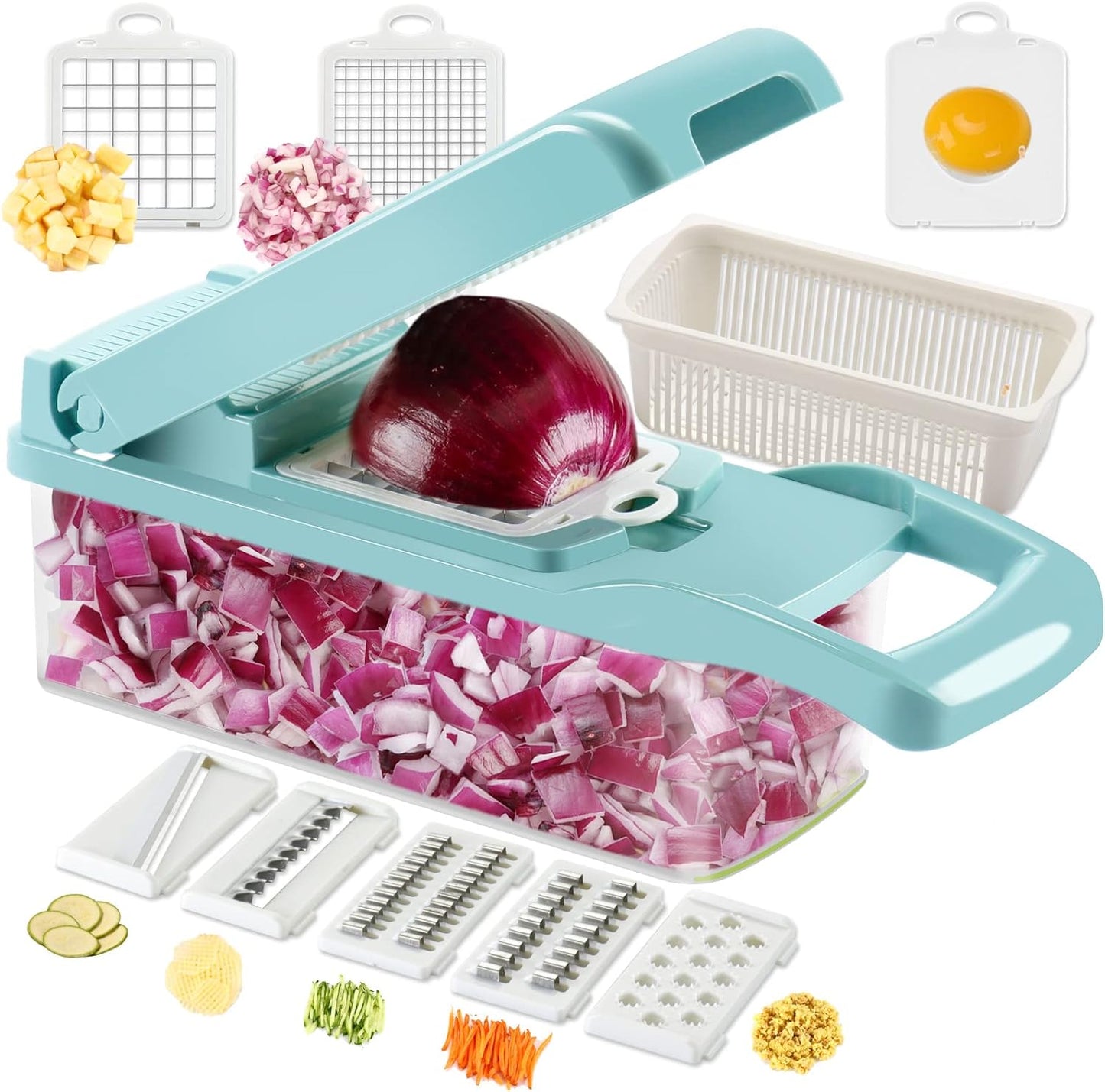 Ourokhome Vegetable Chopper - 12-in-1 Professional Mandoline Slicer with 8 Blades & Strainer Basket - Blue
