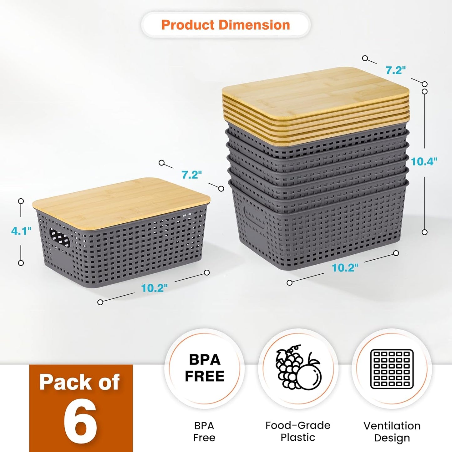 Plastic Storage Baskets With Bamboo Lid - Stackable Organizing Bins for Home & Office | 6 Pack, Gray