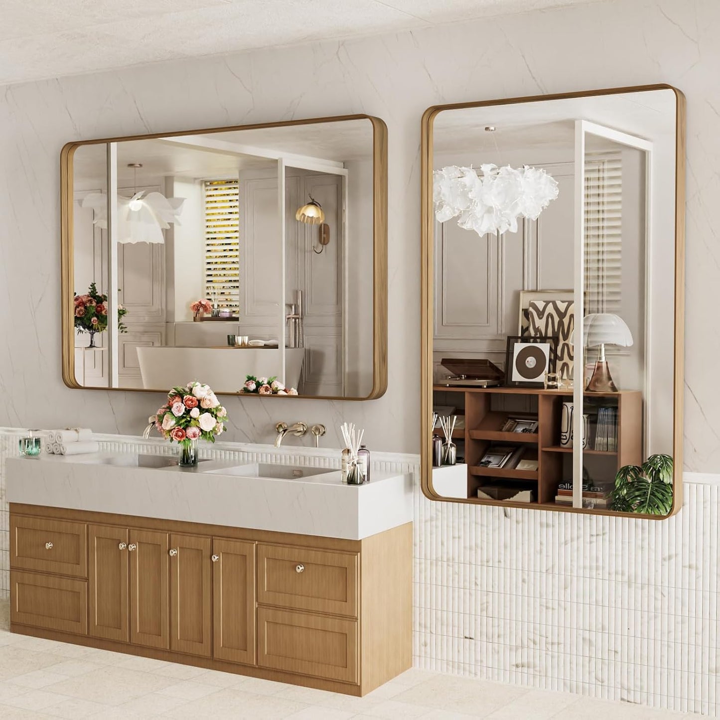 LOAAO Bathroom Mirror - 55x36 Inch Rounded Rectangle with Wood Grain Metal Frame | Anti-Rust, Versatile Hanging Options