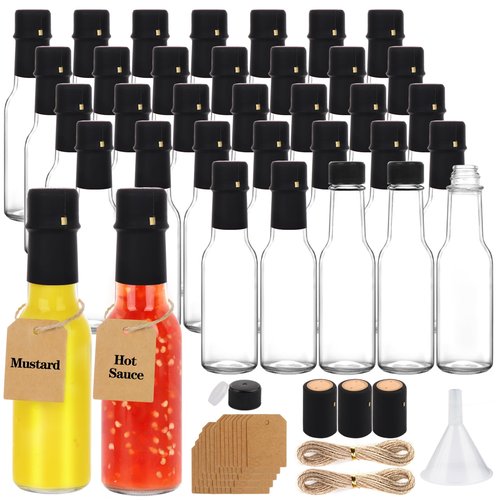 GUANENA 35 Pack 3oz Hot Sauce Bottles, Clear Glass Woozy Bottles with Leak Proof Black Screw Caps, Dripper Inserts and Shrink Capsules, Empty Small Wine Bottle with Labels (Bonus Funnel and Twine)