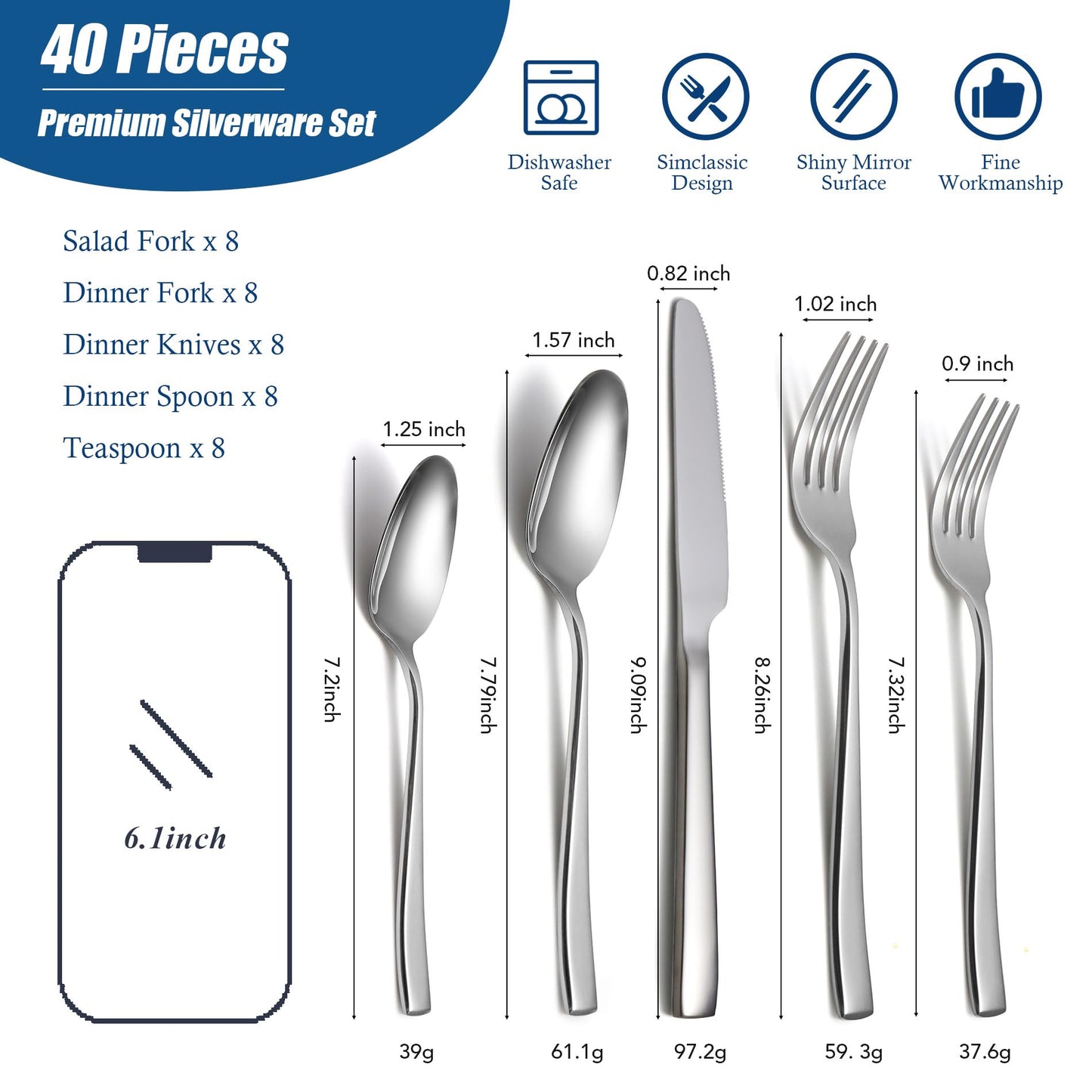 40 Piece Silverware Sets with Unique Handles, EIUBUIE Premium Stainless Steel Flatware Set for 8, Mirror Finished Kitchen Tableware Cutlery Rust Proof Dishwasher Safe Forks Spoons and Knives Set