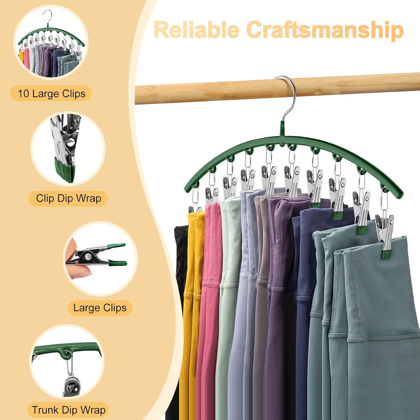 Skiennix Legging Organizer - Metal Yoga Pants Hangers with 10 Clips | Space-Saving Closet Storage, Green - Holds 40 Leggings