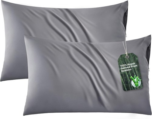 Bedsure Cooling Pillow Cases - Soft Bamboo Zipper Pillow Covers for Hot Sleepers | Queen Size Set of 2, Dark Grey 20x30 Inches