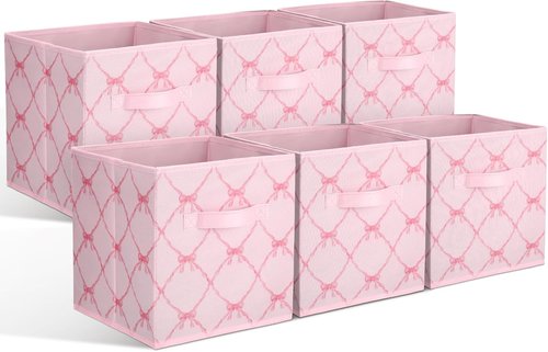 Geelin 6 Pcs Light Pink Bow Storage Bins - 11 Inch Collapsible Organizer Baskets for Home & Office