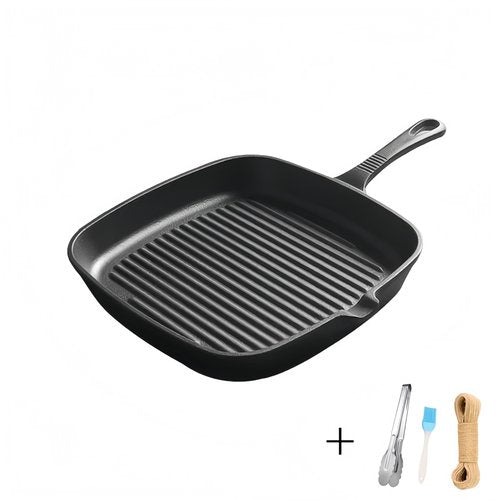 Cast Iron Grill Pan, 9.5 inch Square Grill Pan Skillet with Pour Spout, Cast Iron Griddle Pan with Small Meat Tong, Oil Brush & Hemp Rope for Stove Tops, Gas, Induction, Grill, Campfire, Oven Safe