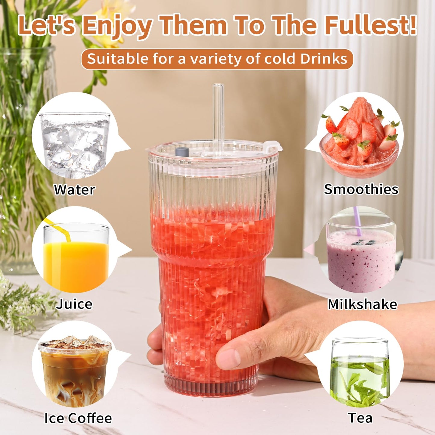 AUFXKOO 20oz Ribbed Glass Cups with Lids and Straws,1PCS Glass Tumbler with Straw and Lid,Iced Coffee Cups Drinking Glasses for Juice Whiskey Cocktail Beer