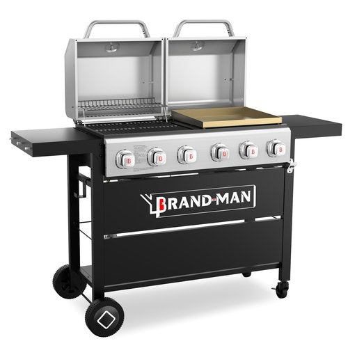Brand-Man Griddle Grill Combo 6-Burner, 2 in 1 Versatile Propane Gas Grill and Griddle with Double Stainless Steel Lids, BBQ Combo for Outdoor Kitchen & Backyard Barbecue Cooking