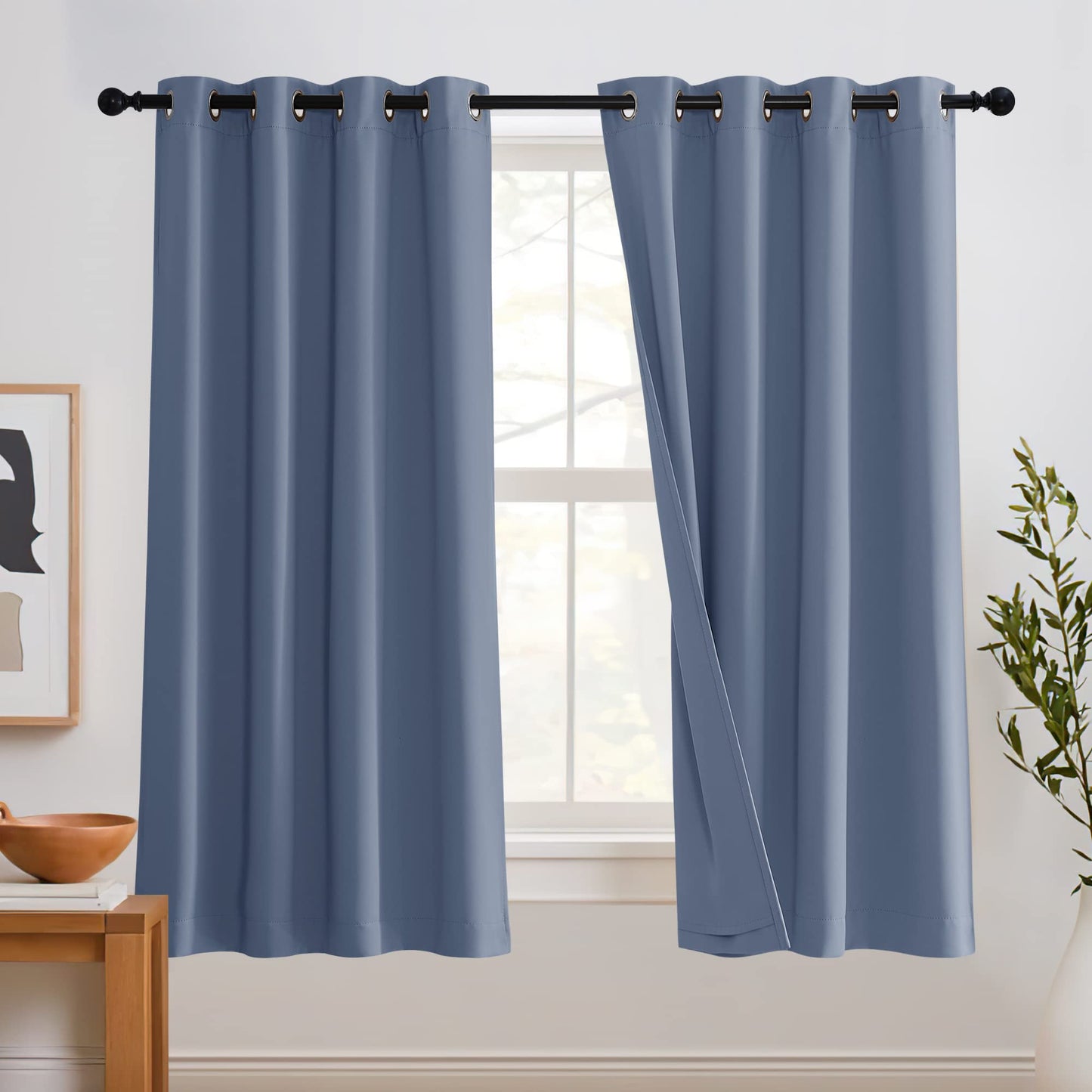 RYB HOME 3-in-1 Soundproof - Blackout - Thermal Insulated Living Room Curtains, Inside Detachable Felt Liner for Noise Reduce/Draft Block/Totally Room Darkening, Stone Blue, W52 x L63 in, 1 Pair