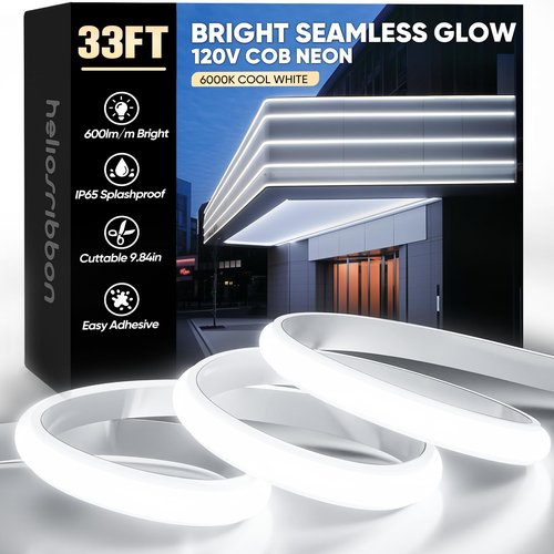 HeliosRibbon COB Led Neon Rope Lights 33ft 6000K Cool White, 110-120V Outdoor Waterproof Lighting Strip 600lm/m Super Bright, Cuttable and Adhesive, for Roof Bedroom Garden Commercial