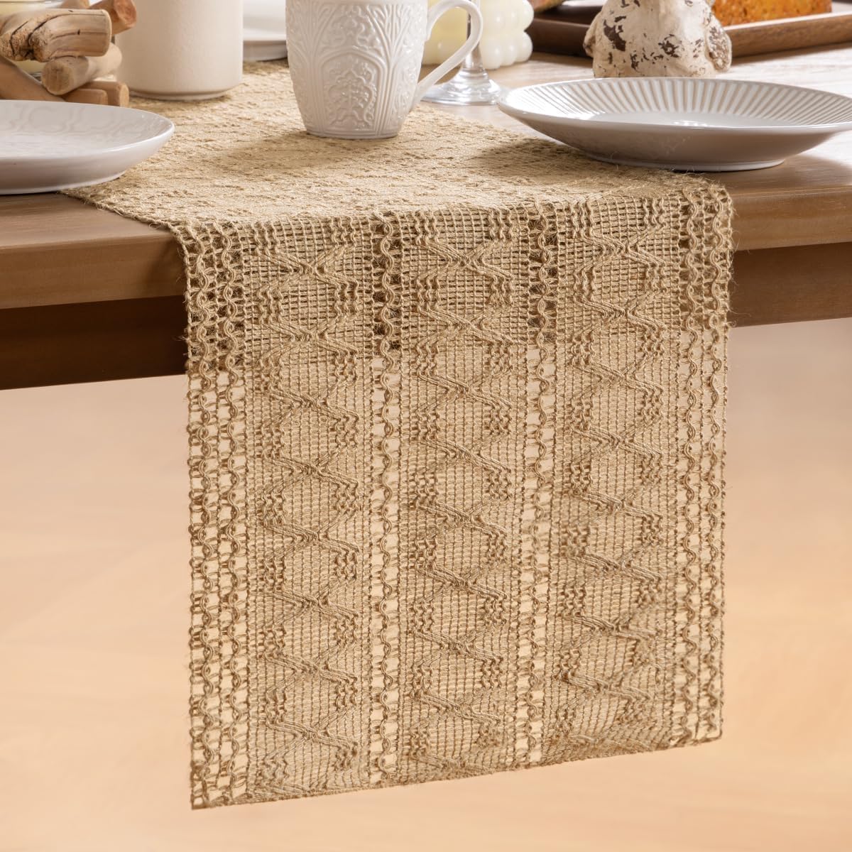 MLMW Boho Table Runner 36 inches Small Coffee Table Runner Rustic Burlap Macrame Jute Table Runner Dresser Runners for Bedroom Living Room Home Decor