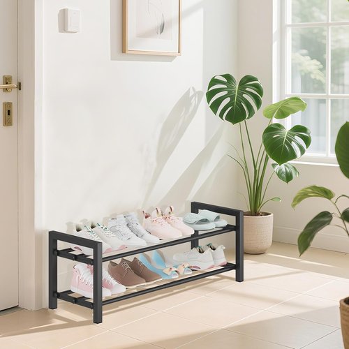 Detsuk 2-Tier Expandable Shoe Rack - Adjustable Heavy-Duty Metal Organizer (17.5"-30.7") | Durable Black Storage for Closet & Entryway