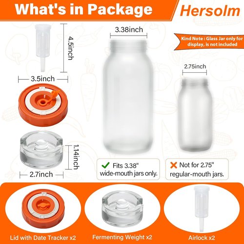Hersolm Fermentation Kit for Wide Mouth Mason Fermenting Jar, 4 Glass Weights,4 Lids with Date Marker,4 Airlocks (No Jars) Complete Pickling Sauerkraut Kit