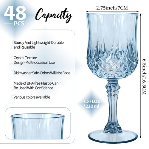 EVSGSONL 48Pack Blue Plastic Wine Glasses,Vintage Plastic Goblets for Parties, Dusty Blue Drinking Glasses Crystal Water Goblets Reusable for Wedding Reception, Grand Event Party Supplies
