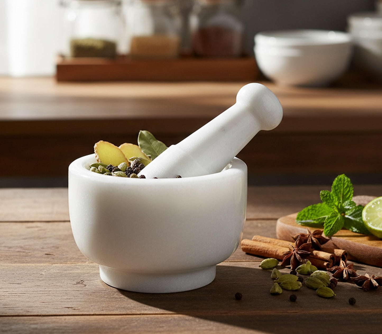 KLEO 5” Natural Stone Mortar and Pestle Set – Heavy Duty Spice & Herb Grinder, Guacamole Masher,Non-Porous, Odor Resistant – Garlic Crusher, Seed Grinder, Kitchen Tools(White)