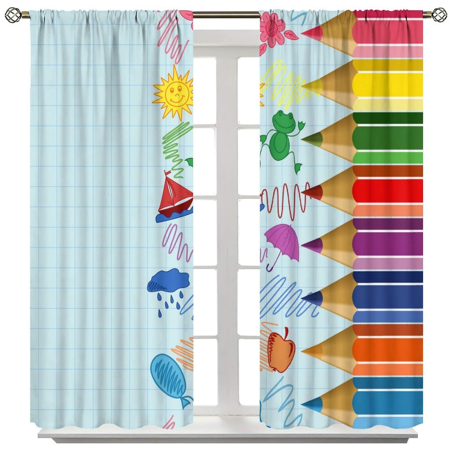 Children Pencil Curtains Cute Crayon Colourful Design Kids Boys Girls Curtain with Rod Pocket for Nursery Bedroom Home Drapes Window Treatments Set 2 Panels,42x45 Inches