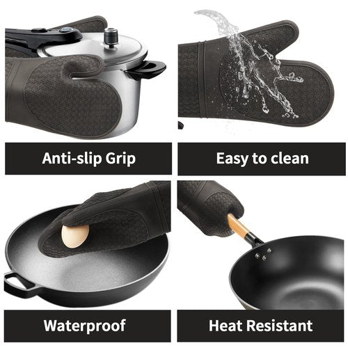Hovico Silicone Oven Mitts, Heat Resistant 500F Kitchen Mitts 2PCS, 11.6" BPA-Free Soft Baking Gloves, Non-Slip Grip Oven Gloves with Soft Cotton Lining for Kitchen Cooking Baking BBQ - Black