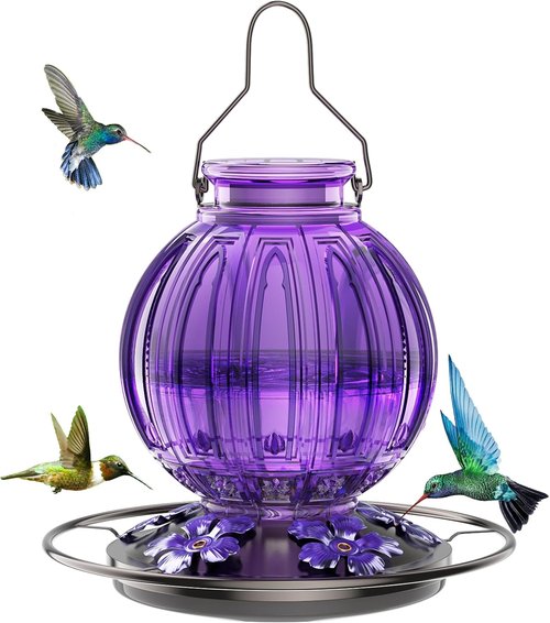 Glass Hummingbird Feeder - 26 Oz Outdoor Nectar Feeder with 5 Flower Ports & Perch | Purple Garden Decor