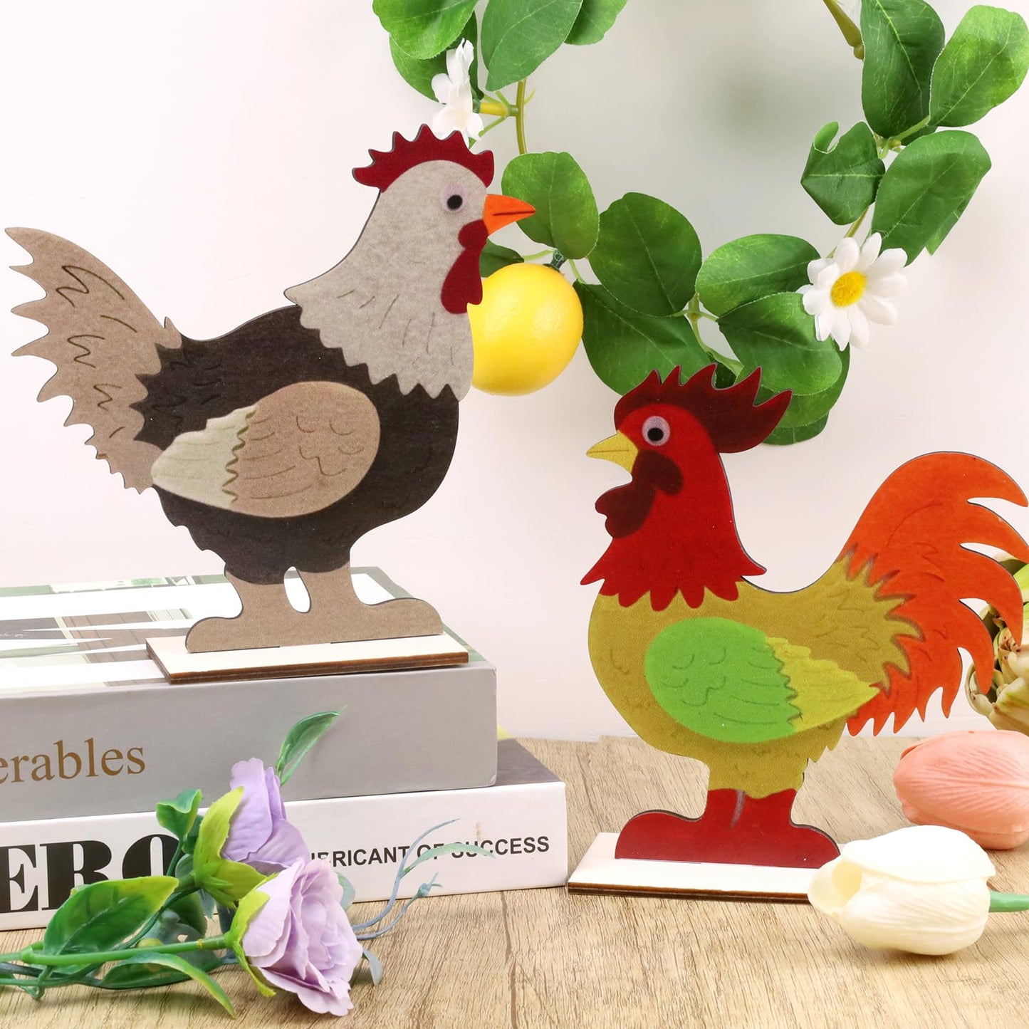 Vhxmaizxn 2pcs Easter Chicken Decoration for Home Farmhouse Rooster Decor Chicken Party Decoration Wooden Sign Wood Cutout Ornament Hen Craft Table Kitchen Garden Tiered Tray