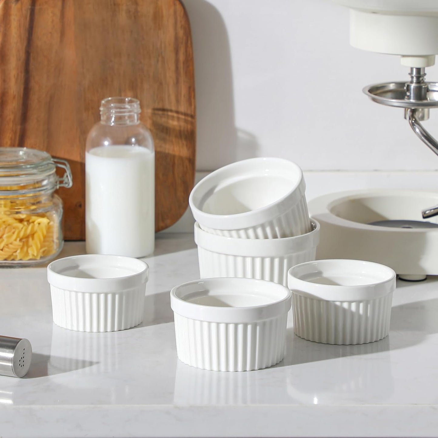 MALACASA Ramekins - 8 Oz Oven Safe Porcelain Baking Cups for Creme Brulee & Pudding | Set of 6 White