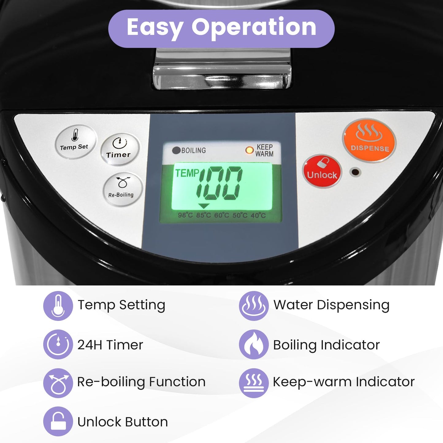 KOTEK Electric Hot Water Boiler and Warmer, Hot Water Dispenser, Stainless Steel Water Boiler w/5 Stage Temperature Settings, Safety Lock, Electric Hot Water Pot, 5-Liter