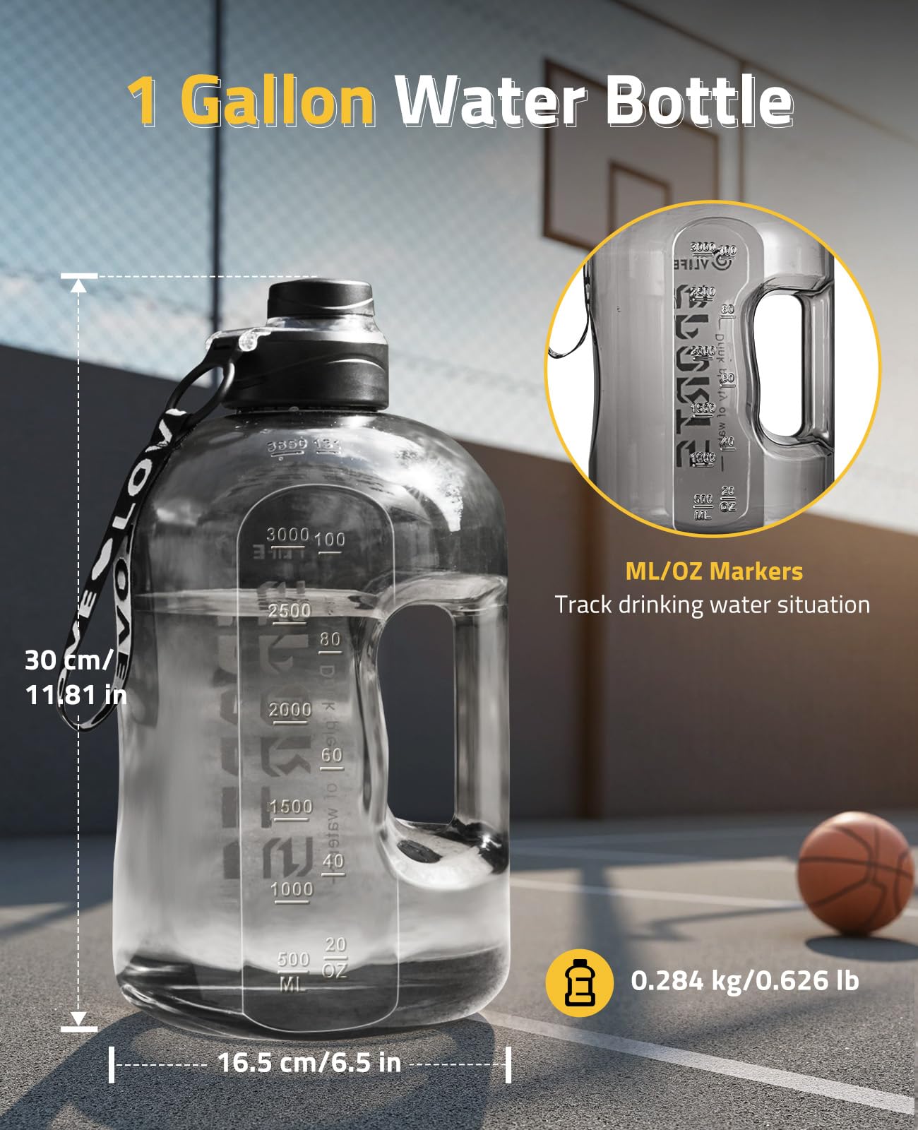 CVLIFE 1 Gallon Water Bottle with Handle, Large Gallon Water Jug with Strap, Big Sports Bottle for Gym, Reusable Black Water Container, 128 oz, Leak Proof, BPA Free