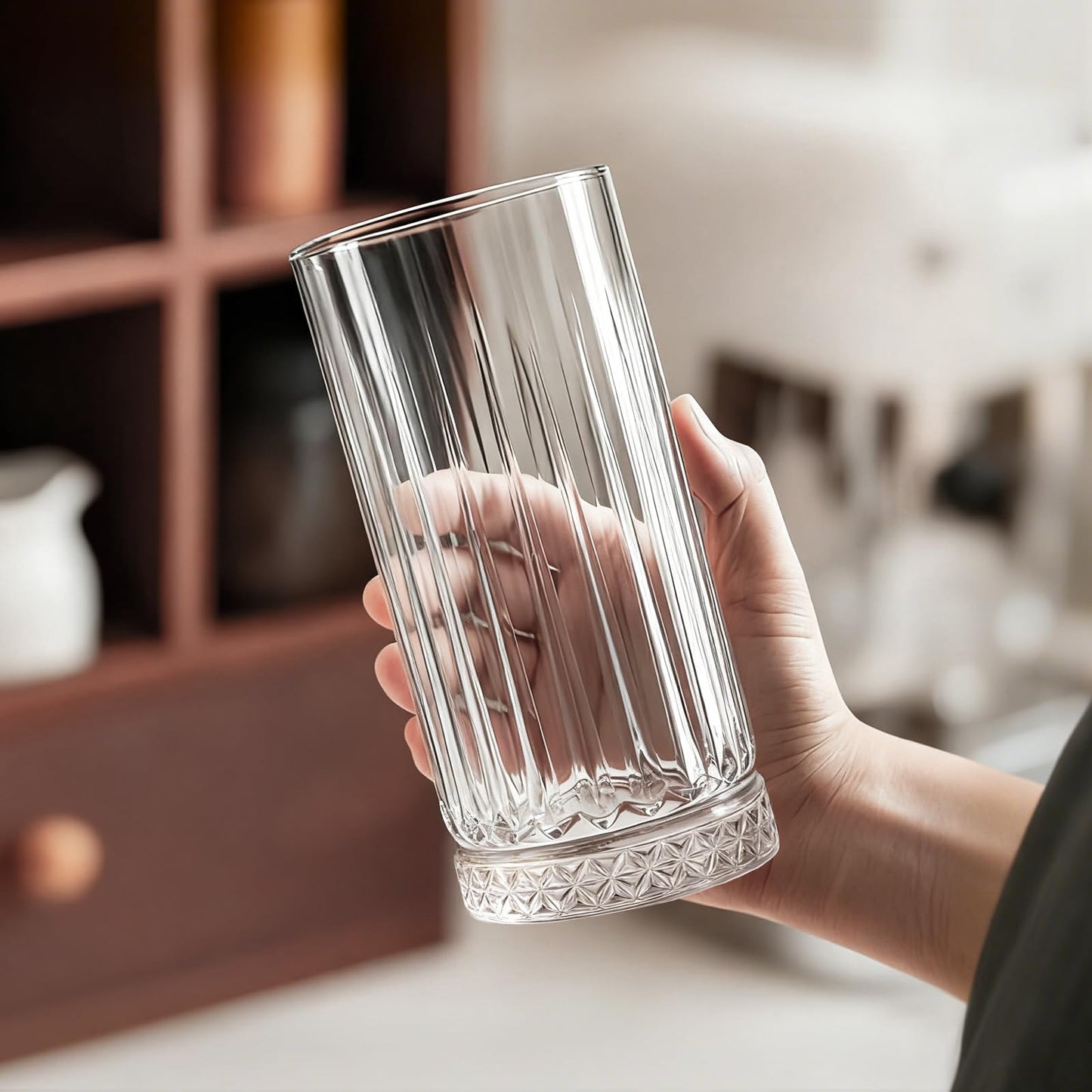 Ruckae Drinking Glasses Set of 8,15 oz and 7 oz Kitchen Water Glass Cups Set,Clear Ribbed Glassware Dishwasher Safe,Mixed Drinkware for Beer,Juice,Cocktail,Whiskey,Milk and Various Mixed Drinks
