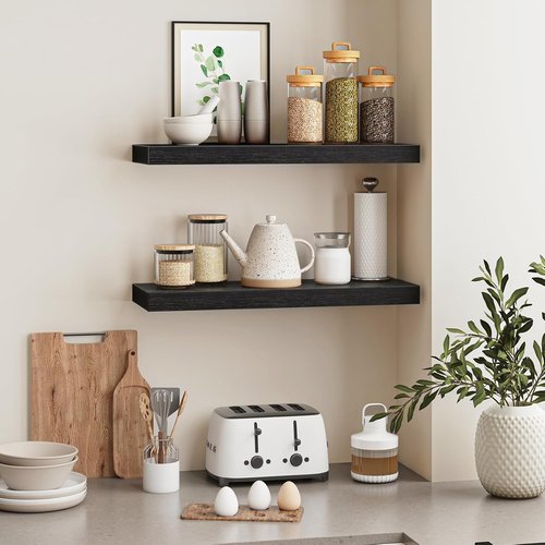 Fixwal Black Floating Shelves - 22" Rustic Wall-Mounted Storage for Living Room, Bedroom & Kitchen | Set of 2