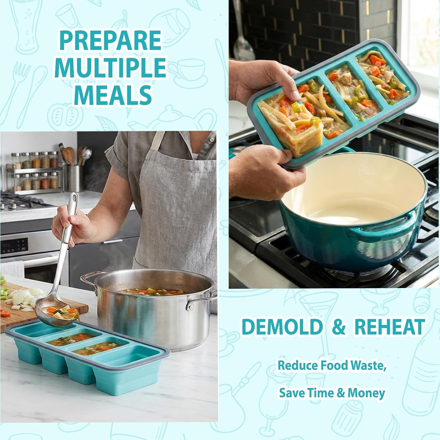 Skiennix Foldable Silicone Freezer Trays - 1-Cup Soup Molds with Lids | BPA-Free, Stackable Meal Prep Containers