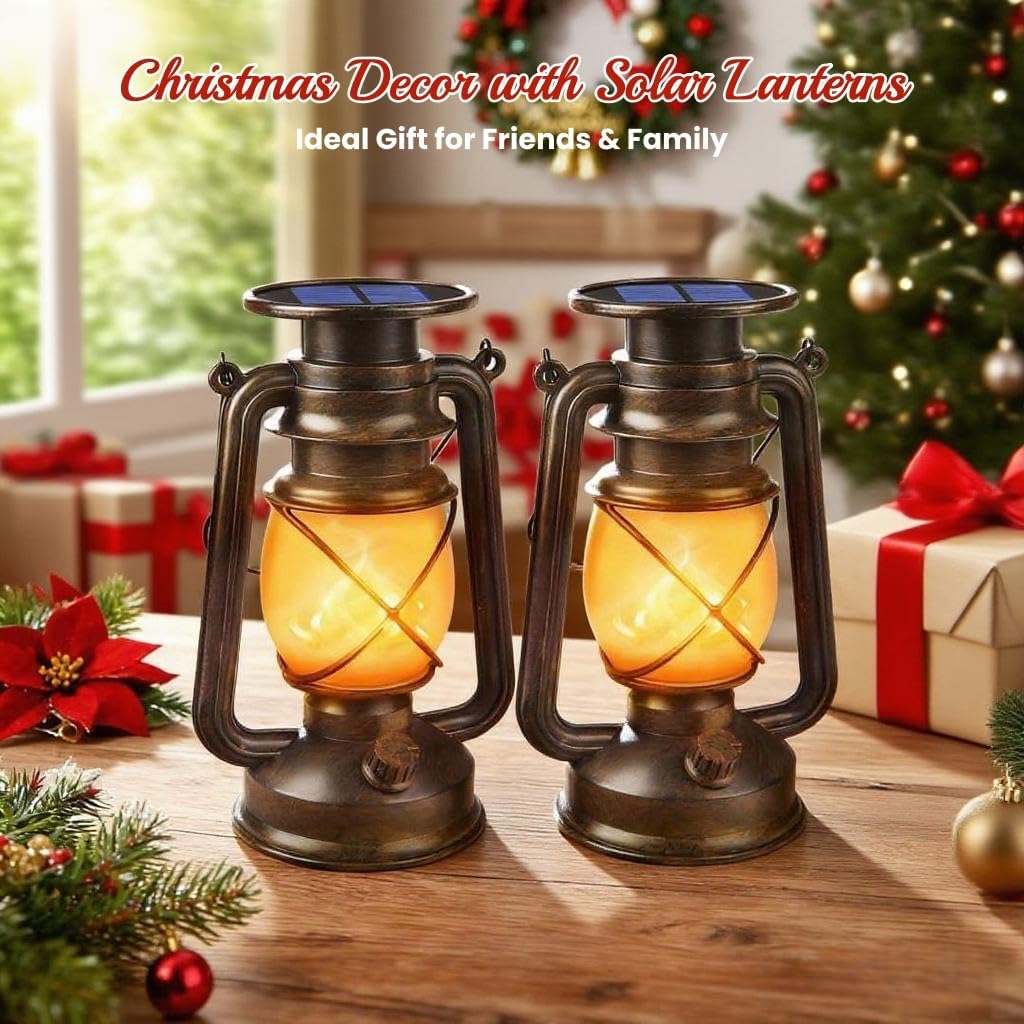 Wondrastical Solar Lanterns - Waterproof Flickering Flame LED Lights | 2 Pack Vintage Bronze for Outdoor Use