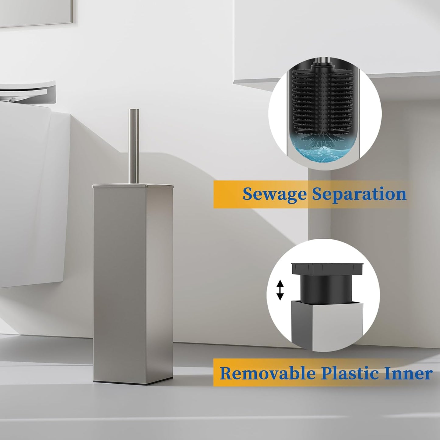 RUACQ Toilet Brush and Holder Set 2pcs,Square Toilet Bowl Brush for Bathroom with 304 Stainless Steel Handle Toilet Cleaner Brush with Durable Scrubbing Bristles,Splash-Proof (White)