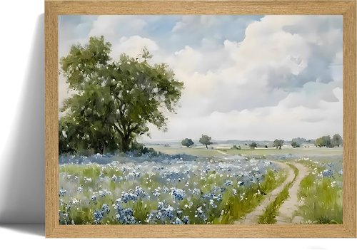 Blue Landscape Wall Art | Framed Canvas Vintage Wildflower Decor for Rustic Home | 8x10 Inch