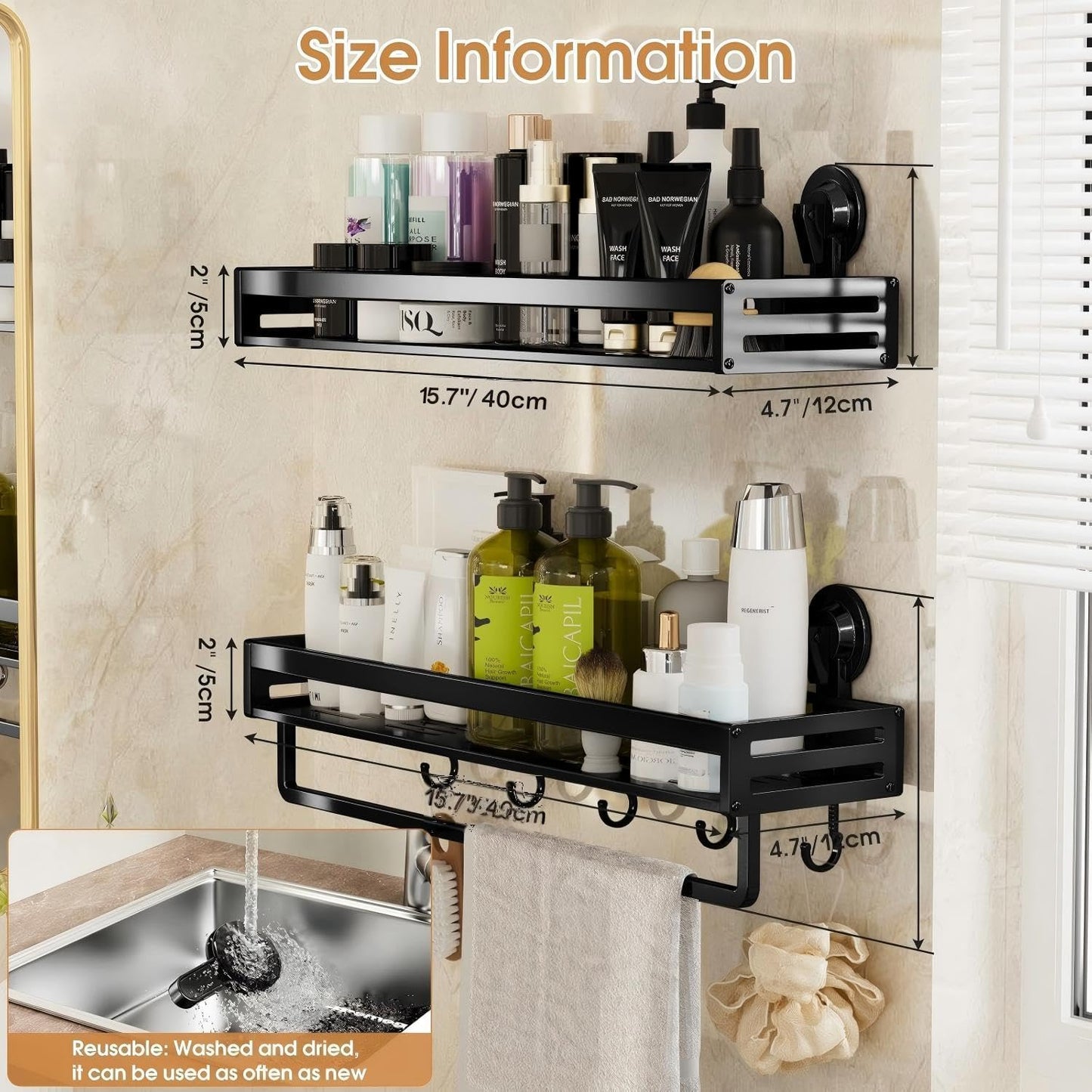 Skiennix Shower Caddy - 15.7 Inch Suction Cup Shelf with Hooks | Rustproof Bathroom Organizer - Black