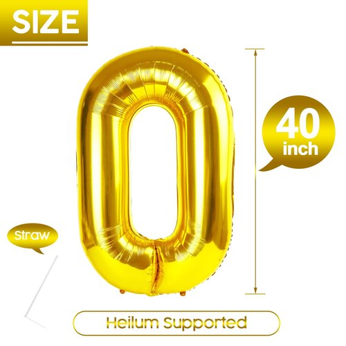 0 Balloon - Gold Birthday Number Balloons, 40 Inch Large Foil Balloons for Men Women Boys Girls Gold Themed Birthday Decorations