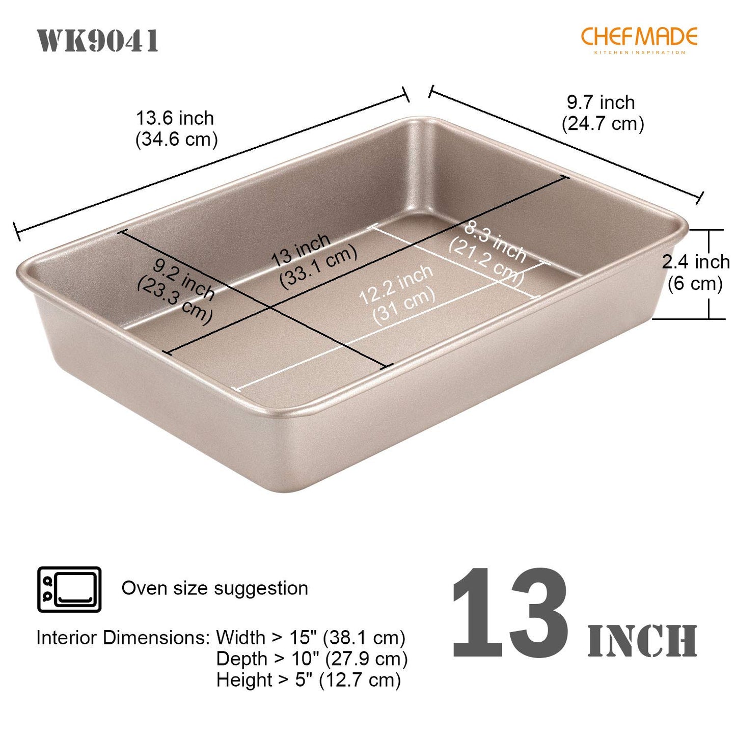 CHEFMADE 13-Inch Rectangle Cake Pan, Non-Stick Loaf Pan Deep Dish Bakeware for Oven Roasting Meat Bread Jelly Roll Battenberg Pizzas Pastries 9.7" x 13.6" X 2.4"(Champagne Gold)