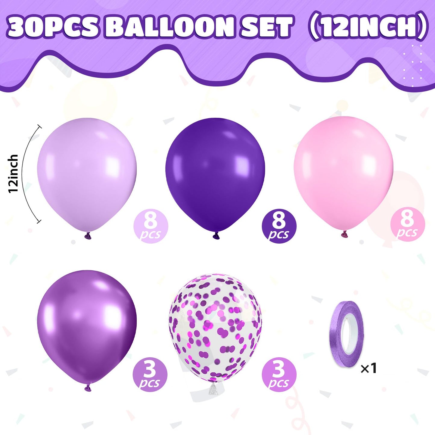 Pink and Purple Balloons, Pink Lavender Dark Purple Metallic Confetti Latex Balloons for Girls Women Birthday Party Baby Shower Bridal Shower Wedding Decorations