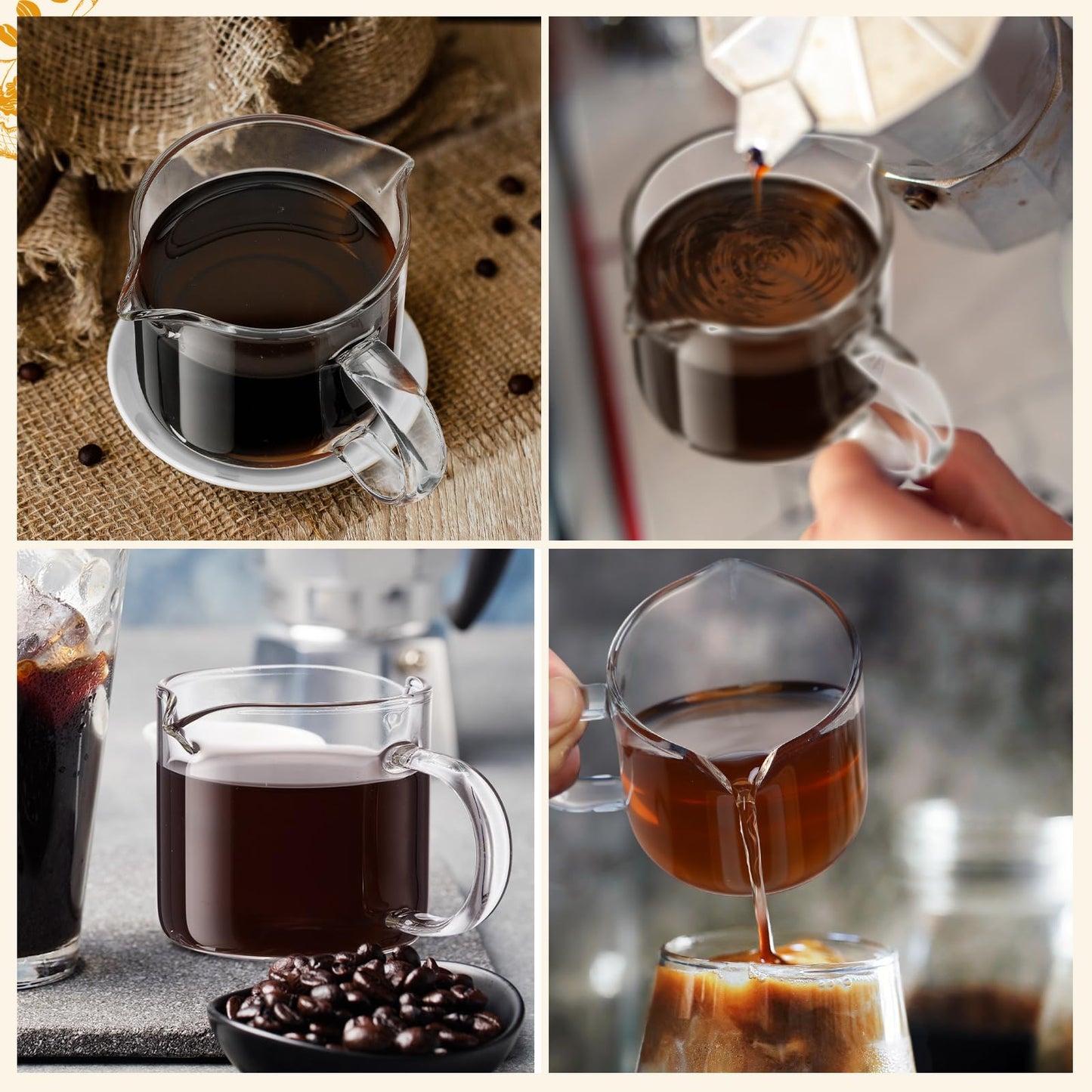 Patelai Espresso Cups Set of 2, 180ml/ 6oz Coffee Cups with Double Spouts & Handle, Clear Espresso Shot Glass for Espresso Machines, Milk Frothing, and Coffee Bars Accessories