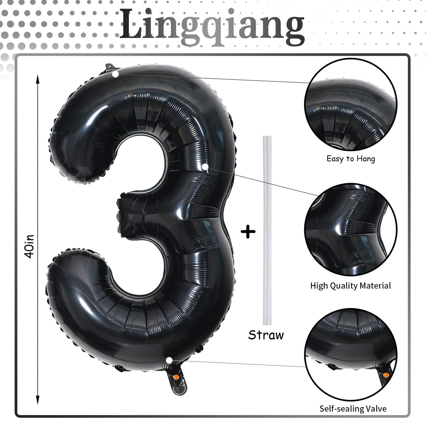 40" Black Number 3 Balloon for Birthday Party Decorations, Large Self Inflating Helium Foil Number Balloons Set 0-9 for Women Men 30th Birthday Graduation 3rd Anniversary Party Decorations Supplies
