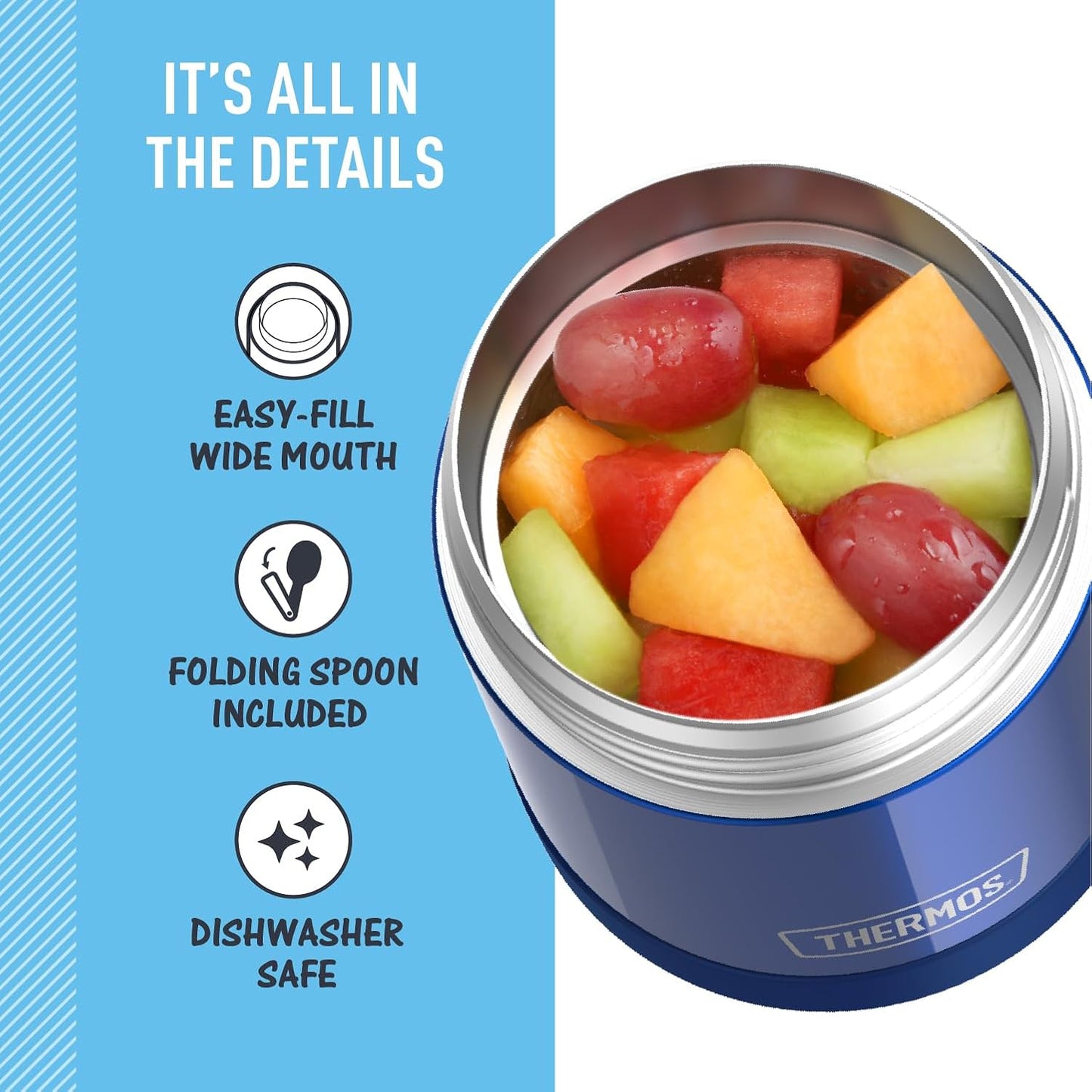 THERMOS FUNTAINER 10 Ounce Stainless Steel Kids Food Jar - Vacuum Insulated with Folding Spoon, Navy