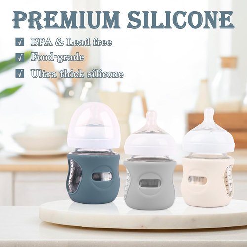 Avent | 3-Pack Silicone Sleeves for Natural Glass Baby Bottles - Anti-Breakage Protection (Grey, Dark Blue, Apricot)