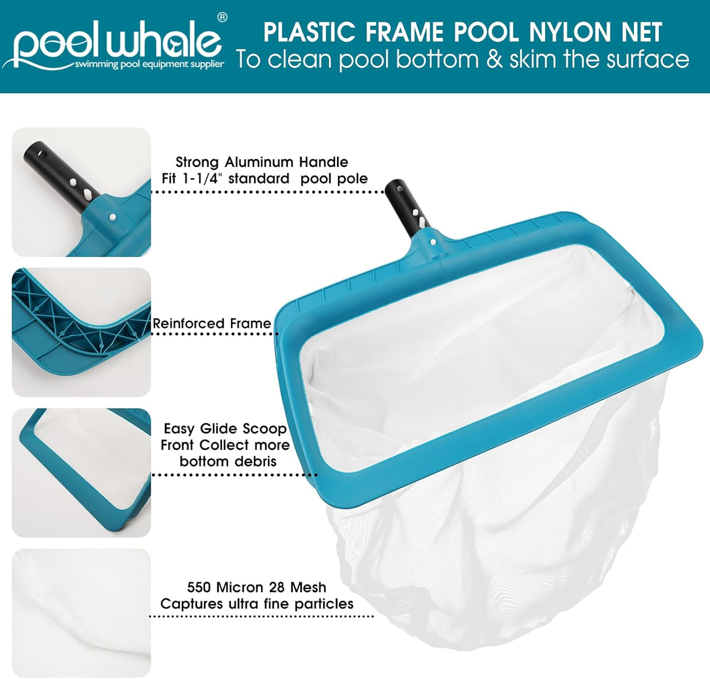 POOLWHALE Professional Pool Skimmer Net - Extra Wide Scoop Edge & Ultra Fine Mesh for Efficient Cleaning
