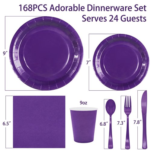 Gudvilla Purple Paper Plates Party Supplies,168pcs Purple Plates and Cups and Napkins Set for Mardi Gras Birthday Decorations Disposable Dinnerware Sets for Women Serve 24