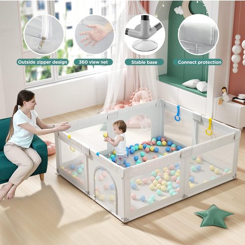Cherrysea Baby Playpen - Large Anti-Fall Safety Play Center with Gate & 30 Ocean Balls | Sturdy Toddler Fence