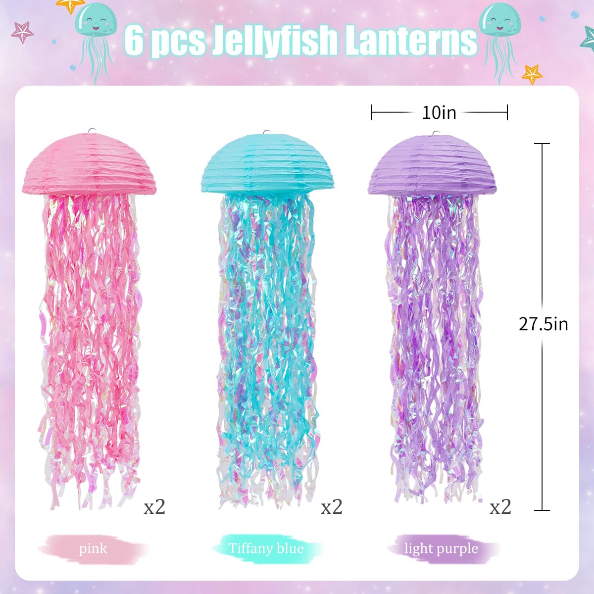 Mermaid Birthday Decorations, Jellyfish Paper Lanterns Pink Lavender Blue Hanging Lantern for Mermaid Baby Shower Theme Under The Sea Ocean Birthday Party Decorations Pack of 6