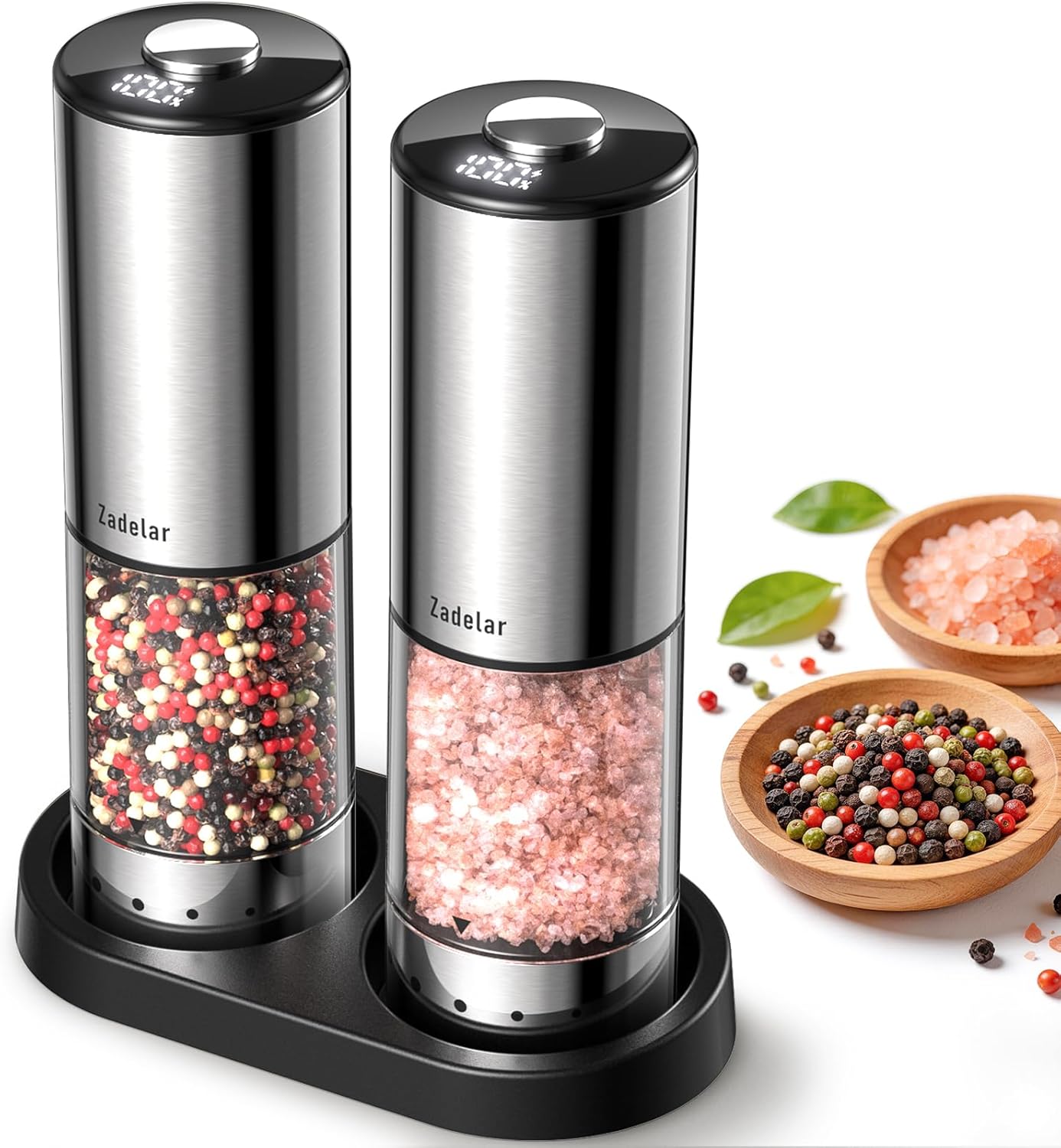 Skiennix Rechargeable Electric Salt and Pepper Grinder Set - Automatic, LED Display, Adjustable Coarseness, Large Capacity
