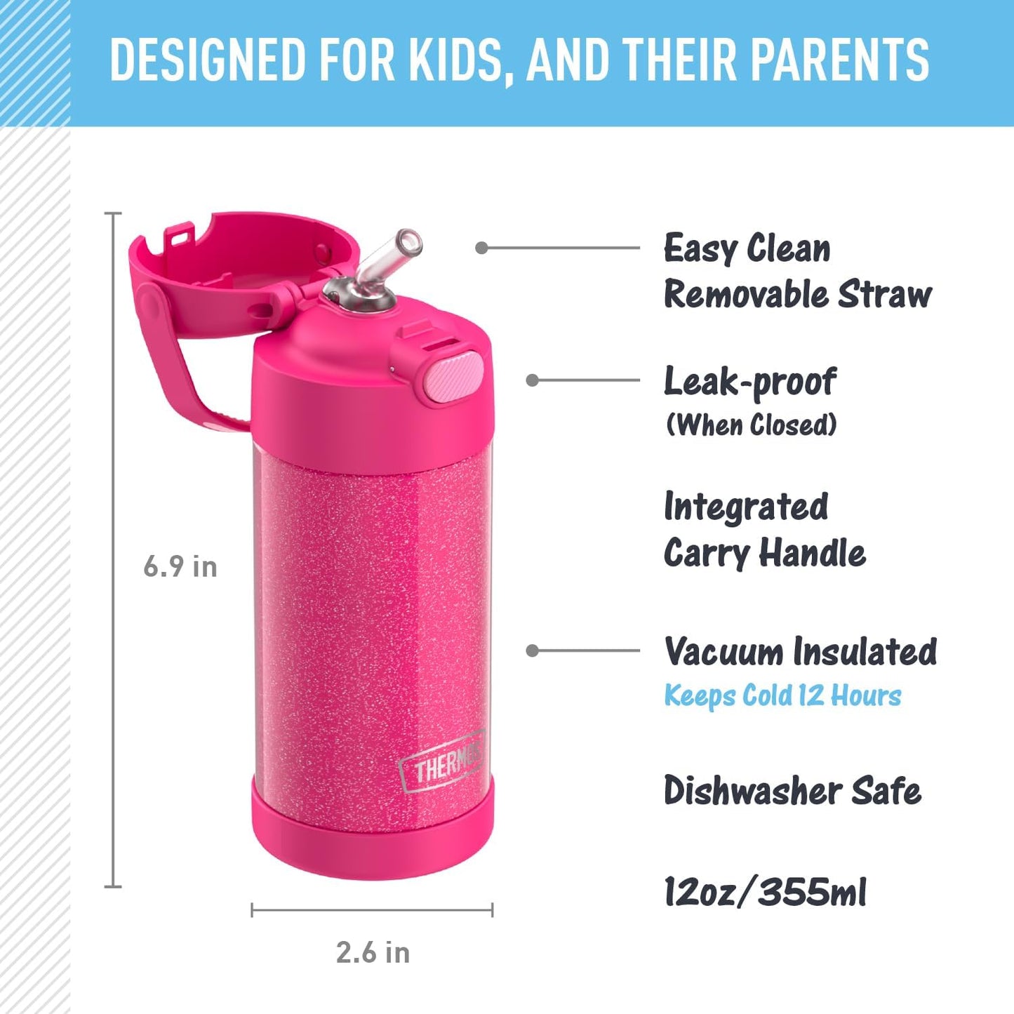 THERMOS FUNTAINER Water Bottle - 12 Ounce Kids Stainless Steel Vacuum Insulated Bottle | Pink Glitter