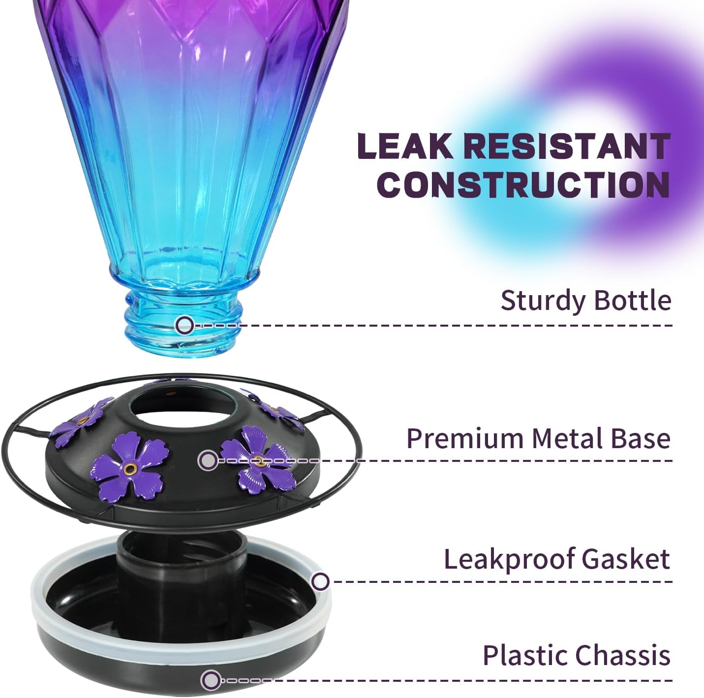 Skiennix Glass Hummingbird Feeder - 25Oz Leak-Proof Nectar Feeder with 5 Flower Ports | Diamond Purple