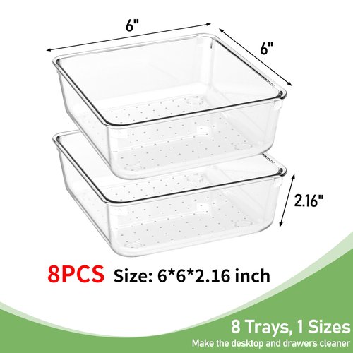 DUHARS 8 PCS Clear Plastic Drawer Organizer Tray, Acrylic Vanity Bathroom Drawer Organizers Trays, Small Desk Drawer Organizer Bins for Cosmetic, Makeup, Kitchen, Office, Drawer Divider Organization