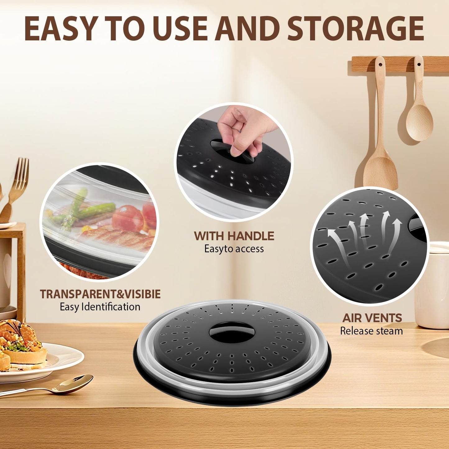 WENWELL 12 Inchs Microwave Splatter Cover & Silicone Mat, Large Vented Collapsible Guard dish Plate lid & Round Kitchen mat for food